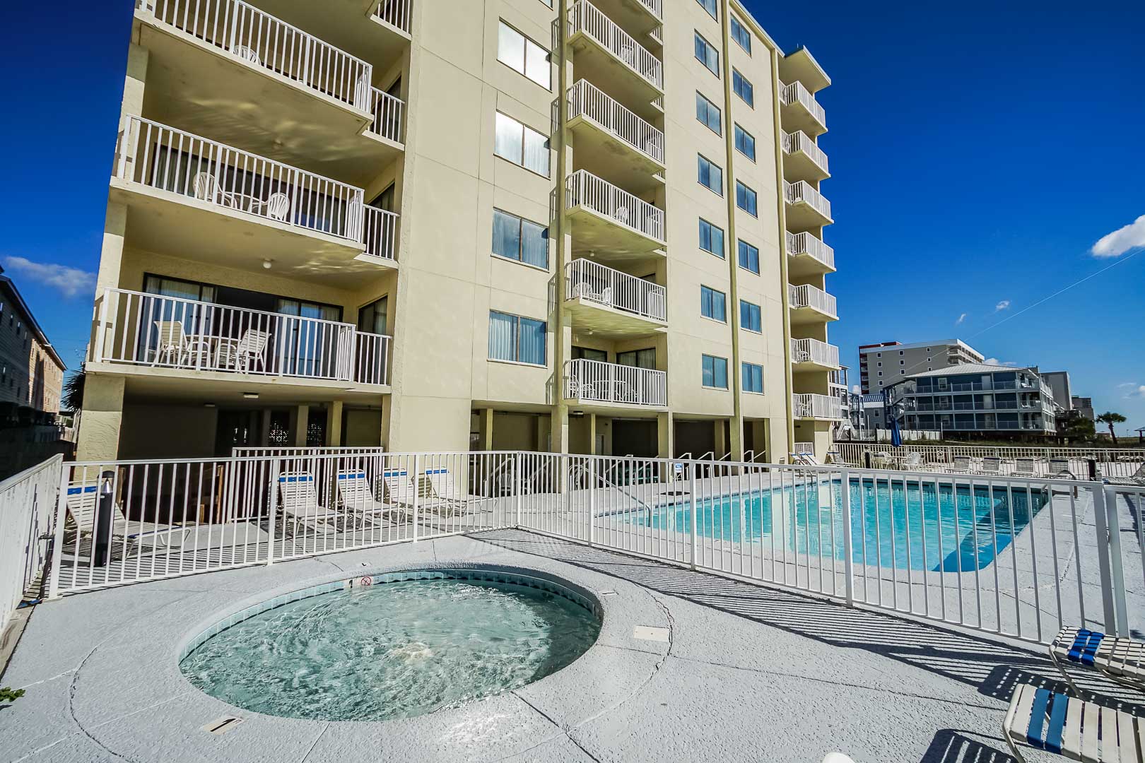 A view of the outside pool and Jacuzzi at VRI's Shoreline Towers in Gulf Shores, Alabama.
